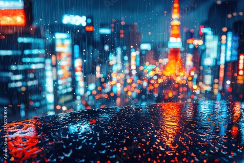 Vibrant city lights reflect on wet surfaces during nighttime rain in urban landscape