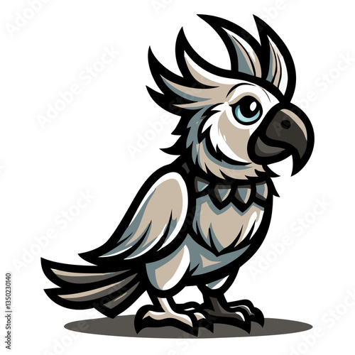 a charming cartoon illustration of a white parrot, standing with a slightly tilted head and looking inquisitive. Its feathers are beautifully detailed