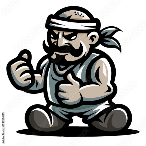 a strong cartoon man with a mustache and a head wrap, in a sports stance 