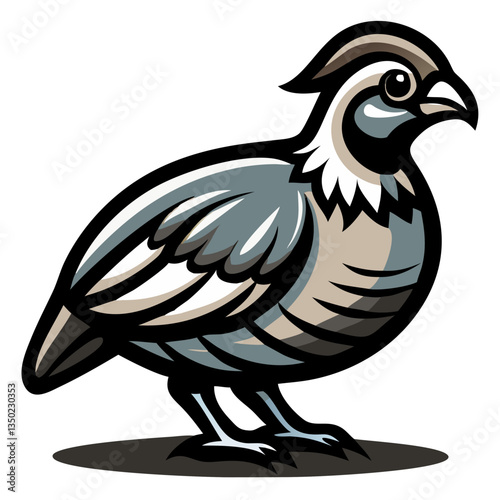 a stylized illustration of a quail with detailed features. The quail stands on a ground casting shadow with its body composed of muted colors