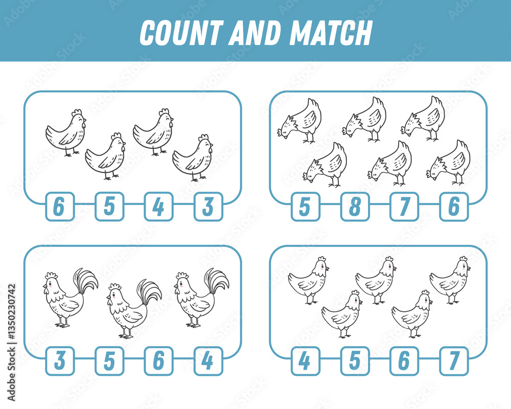Education game for children count and match of cute cartoon animals, printable worksheet. Cute rrooster and hens. Vector illustration
Education game for children count and match of cute cartoon animals, printable worksheet. Cute rrooster and hens. Vector illustration