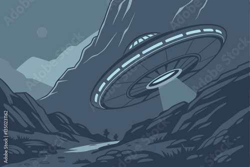 26 Alien spacecraft, crashed UFO, rocky mountainous terrain, glowing lights, fog, mist, dark atmosphere, mysterious, sci-fi scene, detailed textures, cinematic lighting, blue tones, cold environment, 