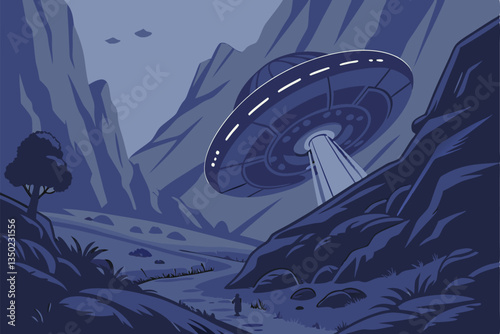 26 Alien spacecraft, crashed UFO, rocky mountainous terrain, glowing lights, fog, mist, dark atmosphere, mysterious, sci-fi scene, detailed textures, cinematic lighting, blue tones, cold environment, 