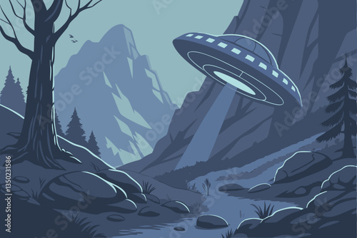 26 Alien spacecraft, crashed UFO, rocky mountainous terrain, glowing lights, fog, mist, dark atmosphere, mysterious, sci-fi scene, detailed textures, cinematic lighting, blue tones, cold environment, 