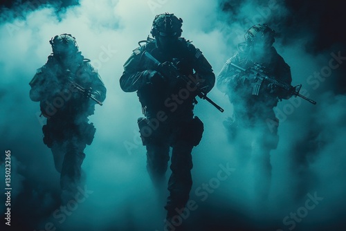 Special forces operatives move stealthily through smoke-filled environment during tactical training exercise