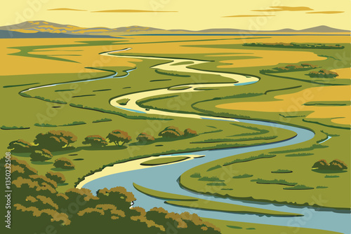 27 Aerial view, meandering river, lush green landscape, winding waterways, vast wilderness, bird's eye perspective, golden sunlight, intricate river patterns, blue water channels, untouched nature, ex