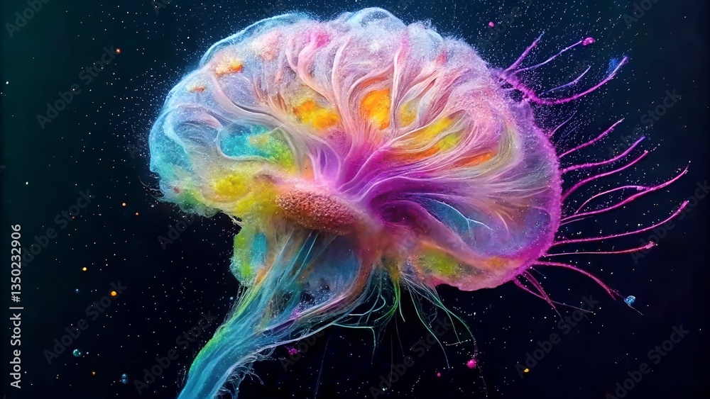 Obraz premium Abstract Neural Network: Bioluminescent Brain Synapses with Vibrant Hues, Artistic Representation of Cognitive Connections.