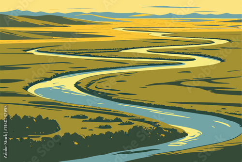 27 Aerial view, meandering river, lush green landscape, winding waterways, vast wilderness, bird's eye perspective, golden sunlight, intricate river patterns, blue water channels, untouched nature, ex