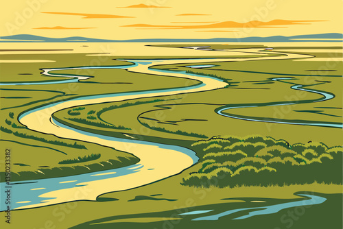 27 Aerial view, meandering river, lush green landscape, winding waterways, vast wilderness, bird's eye perspective, golden sunlight, intricate river patterns, blue water channels, untouched nature, ex