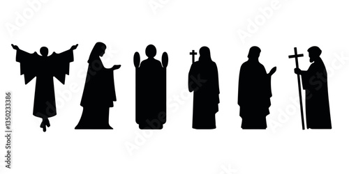 Christian religious vector icons silhouette set jesus christ last supper saints and biblical figures collection