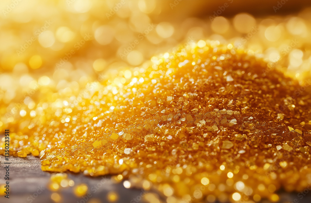 Close-Up of Golden Glitter Texture with Shiny Sparkling Details Close-Up of Golden Glitter Texture with Shiny Sparkling Details