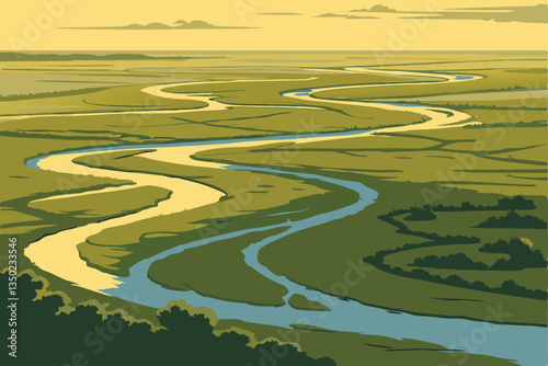 27 Aerial view, meandering river, lush green landscape, winding waterways, vast wilderness, bird's eye perspective, golden sunlight, intricate river patterns, blue water channels, untouched nature, ex