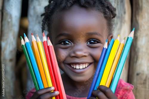 Smiling african girl holding colorful pencils promoting education and creativity