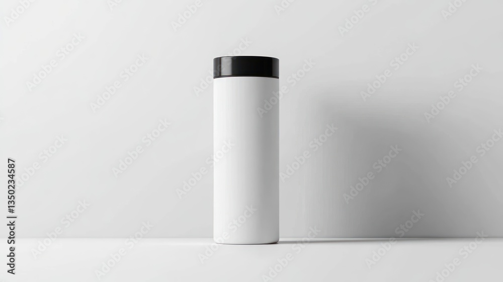 White cylindrical bottle mockup, studio background, clean design, packaging template White cylindrical bottle mockup, studio background, clean design, packaging template