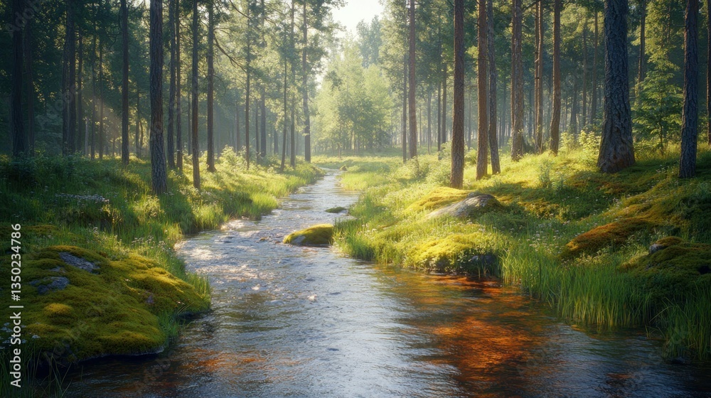 Obraz premium Sunlit stream flows through mossy forest