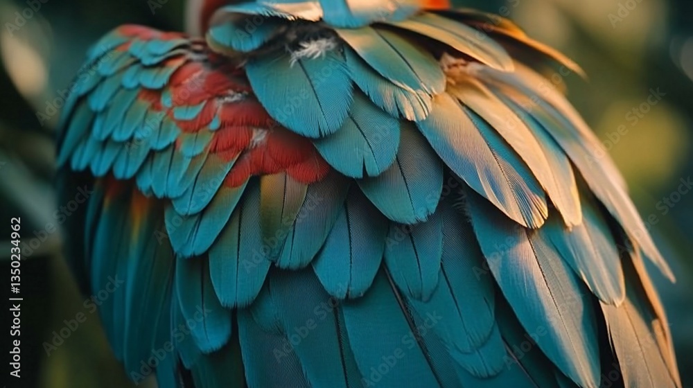 Fototapeta premium Macaw's iridescent plumage, sunlit, close-up, outdoors