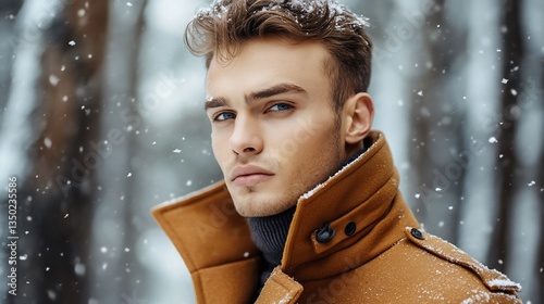 Man in tan coat, snowy forest portrait photo