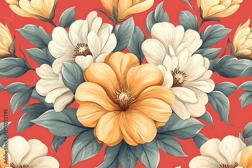 Wallpaper Mural Elegant Floral Seamless Pattern for Red Background. Torontodigital.ca