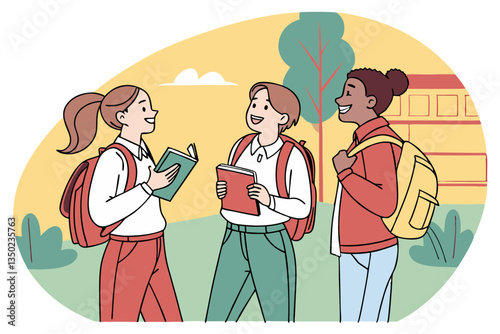 Cheerful College Students with Books & Backpacks | Campus Life Vibes