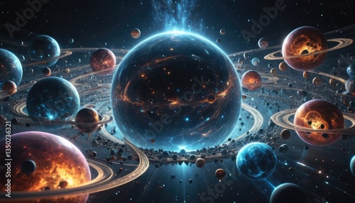 A stunning artistic visualization of the multiverse, infinite glowing realities overlapping