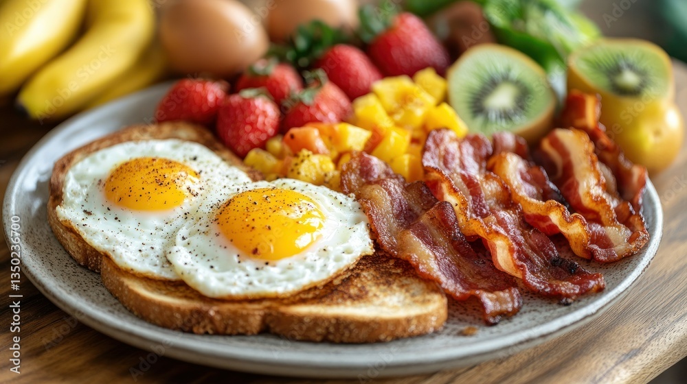 Sunny-side up eggs, crispy bacon, toast, and fresh fruit for a hearty breakfast Sunny-side up eggs, crispy bacon, toast, and fresh fruit for a hearty breakfast