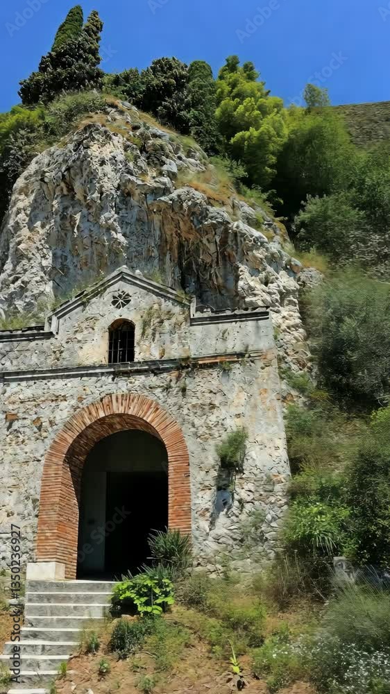 Historic stone structure nestled against a rocky hill in a lush green landscape under bright blue sky Historic stone structure nestled against a rocky hill in a lush green landscape under bright blue sky