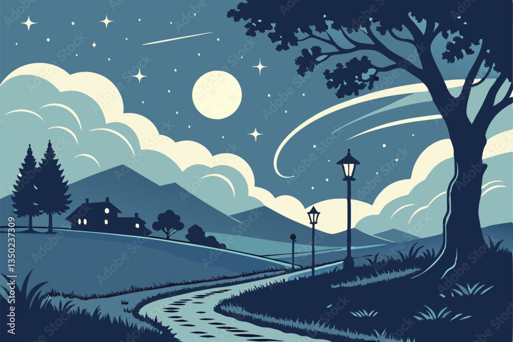 Fototapeta premium 30 Night sky, starry landscape, mountain silhouettes, rural town lights, dirt road, moonlit clouds, ethereal atmosphere, blue hues, scattered trees, distant horizon, celestial beauty, tranquil country