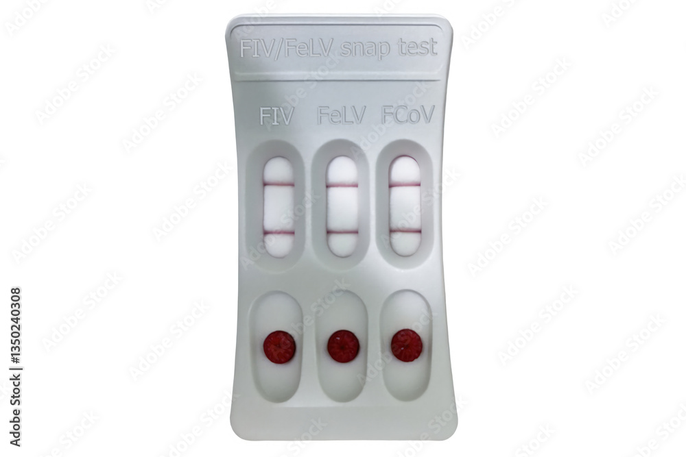 SNAP FIV,FeLV and FCoV combo test showing positive results for feline immunodeficiency virus, feline leukemia virus and feline coronavirus, isolated on white background
