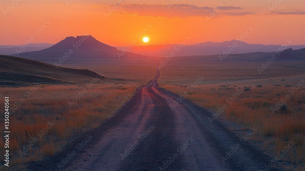 Sunset over a vast, flat landscape with a dirt road leading towards a distant butte Sunset over a vast, flat landscape with a dirt road leading towards a distant butte