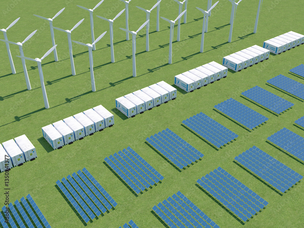 hybrid renewable energy system. wind turbine farms, battery energy storage containers plus solar panels generate green electricity. sustainability concept. 3d rendering illustration. hybrid renewable energy system. wind turbine farms, battery energy storage containers plus solar panels generate green electricity. sustainability concept. 3d rendering illustration.