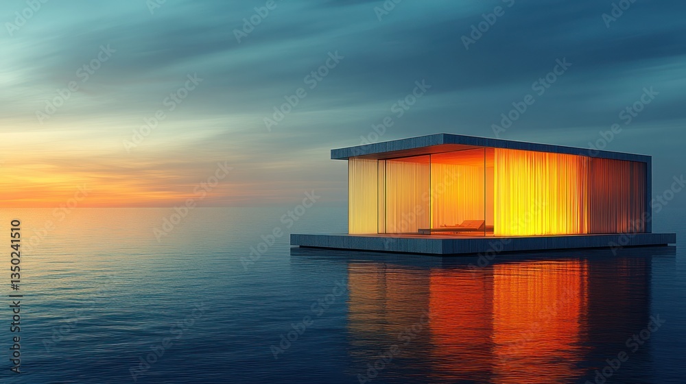 Fototapeta premium Sunset view of a modern, illuminated floating house on calm water