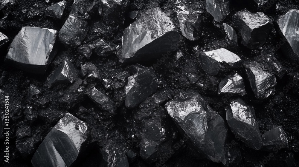 Close-up background of raw black coal with shiny reflective surfaces, representing energy production and mining industry Close-up background of raw black coal with shiny reflective surfaces, representing energy production and mining industry