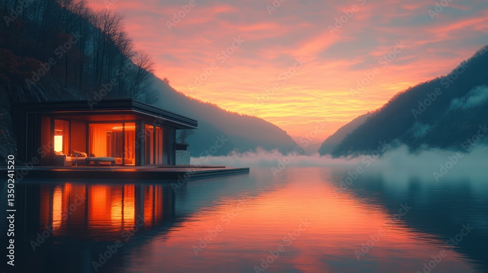 Fototapeta premium Sunset view of a modern lakeside cabin with warm interior lighting reflected in calm water