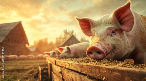 Pigs at trough eating, farm setting, rural sunset, wooden buildings in background