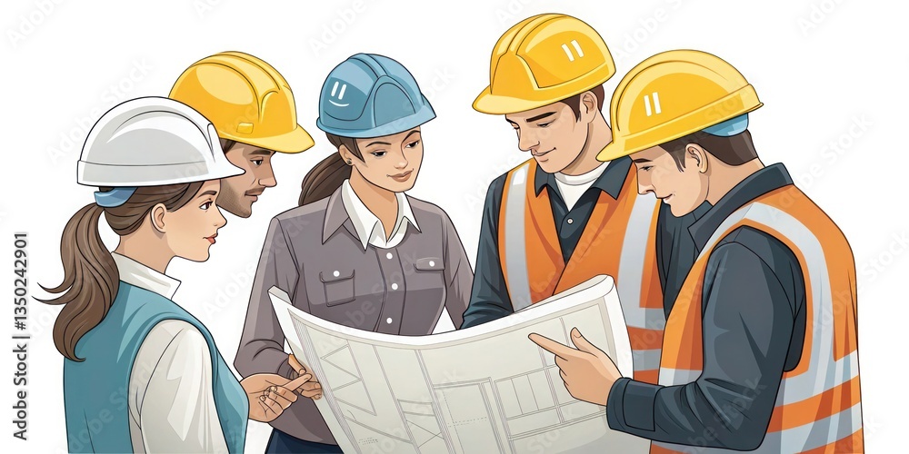 A team of construction workers in safety helmets, discussing a blueprint, white background, clean vector illustration. A team of construction workers in safety helmets, discussing a blueprint, white background, clean vector illustration.
