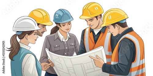 A team of construction workers in safety helmets, discussing a blueprint, white background, clean vector illustration.