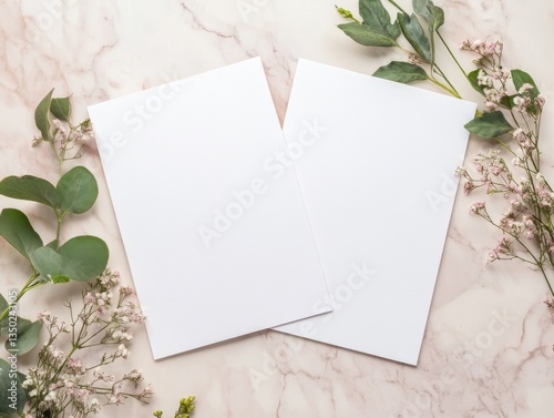 Elegant Flat Lay with Two Blank 5x7 Cards on Beige Marble Background, Surrounded by Greenery and Pink Baby’s Breath – Wedding or Invitation Mockup