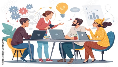 A team of software engineers discussing project ideas, laptops open, white background, HD vector artwork.