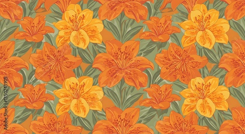 Wallpaper Mural Orange Lily Flower Pattern with Green Leaves Seamless Floral Design Torontodigital.ca