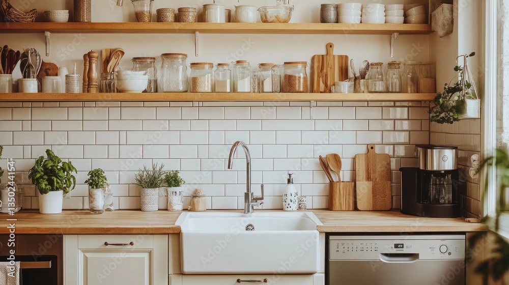 Cozy kitchen with open shelving and subway tile Cozy kitchen with open shelving and subway tile