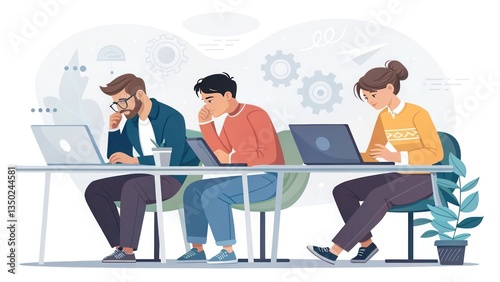 A team of tech developers coding on laptops, deep in thought, white background, clean vector illustration.