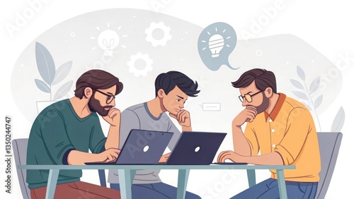 A team of tech developers coding on laptops, deep in thought, white background, clean vector illustration.
