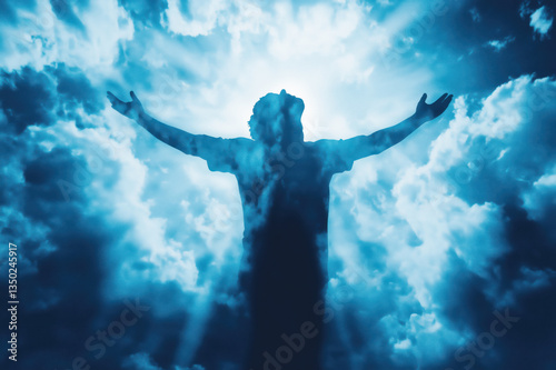 Silhouette of Man Praying in Blue Clouds