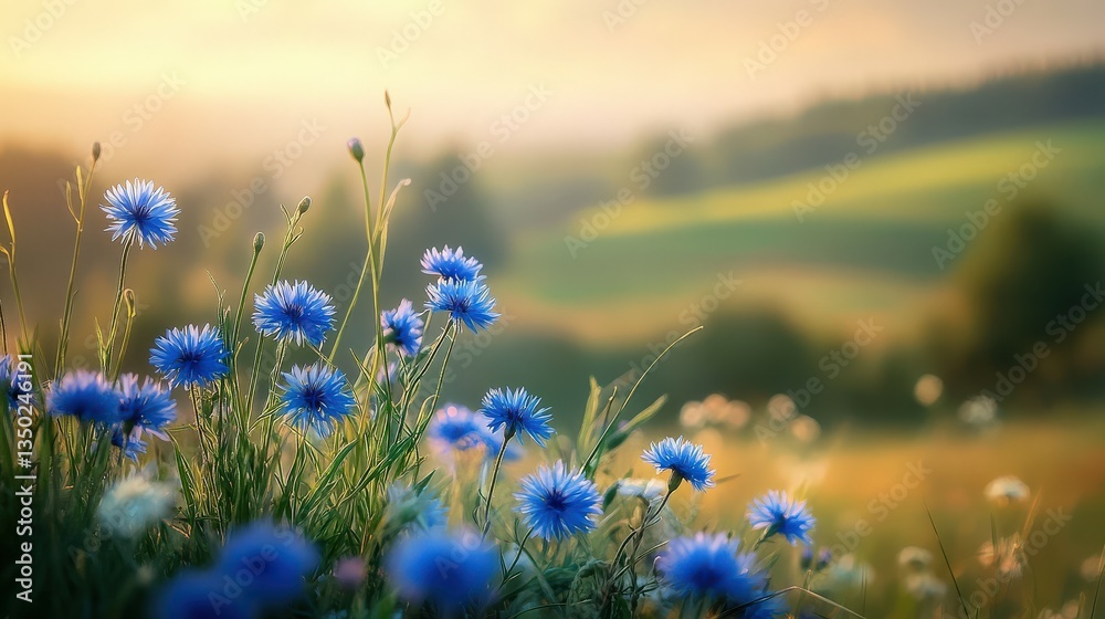 Fototapeta premium Blue flowers in a serene field view