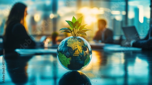 A modern business meeting with professionals discussing sustainability, symbolized by a digital glass globe sprouting green leaves in a bright contemporary office.