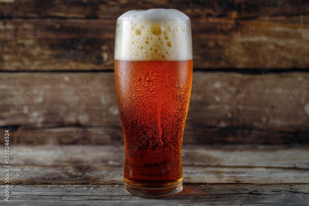 Cold craft beer tall glass thick frothy head amber liquid bubbles rising rustic wood background. Cold craft beer tall glass thick frothy head amber liquid bubbles rising rustic wood background.