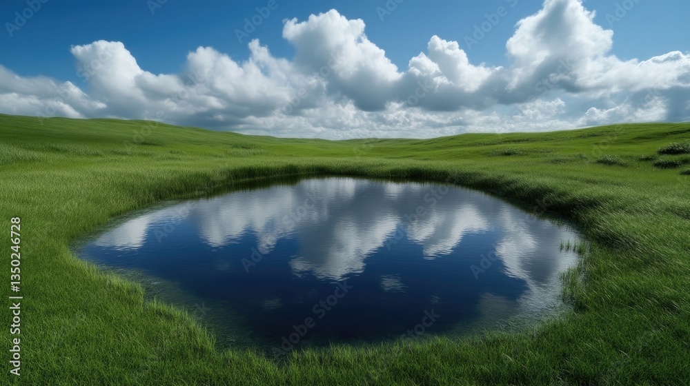 Fototapeta premium Serene natural pond in a grassy valley under a vast sky