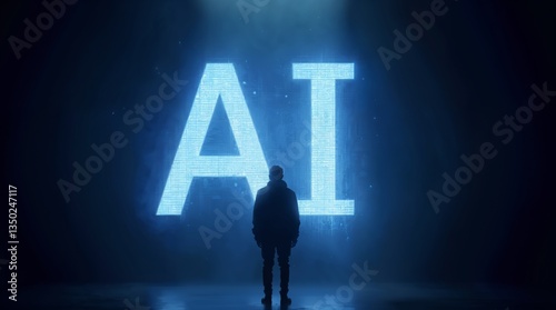 A striking silhouette of a person standing before a glowing AI sign, set in a dark, high-tech atmosphere, symbolizing artificial intelligence and digital evolution.