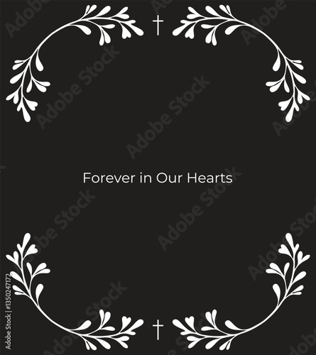 Holy Funeral Invitation Template black Background, Ornate Borders with Religious Symbols, Leafy Details, and Area for Personalized Prayer and Photo