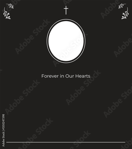 Peaceful Funeral Invitation with black Background, Cross-Embellished Frame, Leaf Details, and Ample Space for Memory Verse and Loved One’s Picture